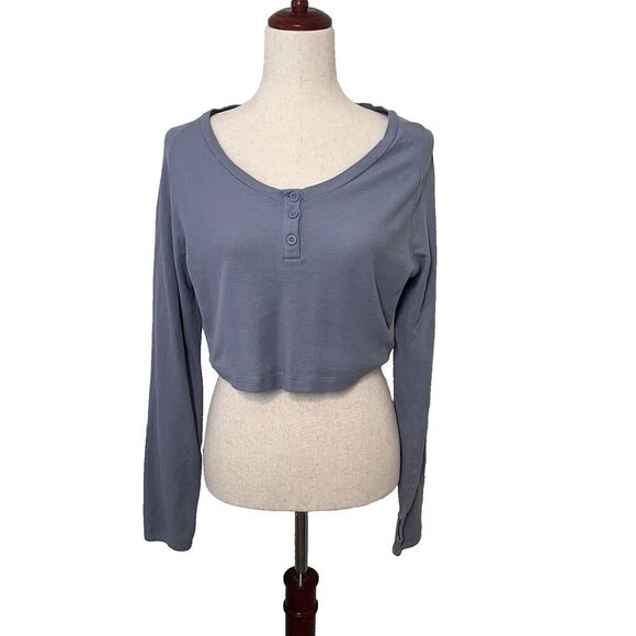 Gymshark Blue Legacy Fitness Long Sleeve Crop Top Women Size XL Henley Logo - Picture 1 of 9